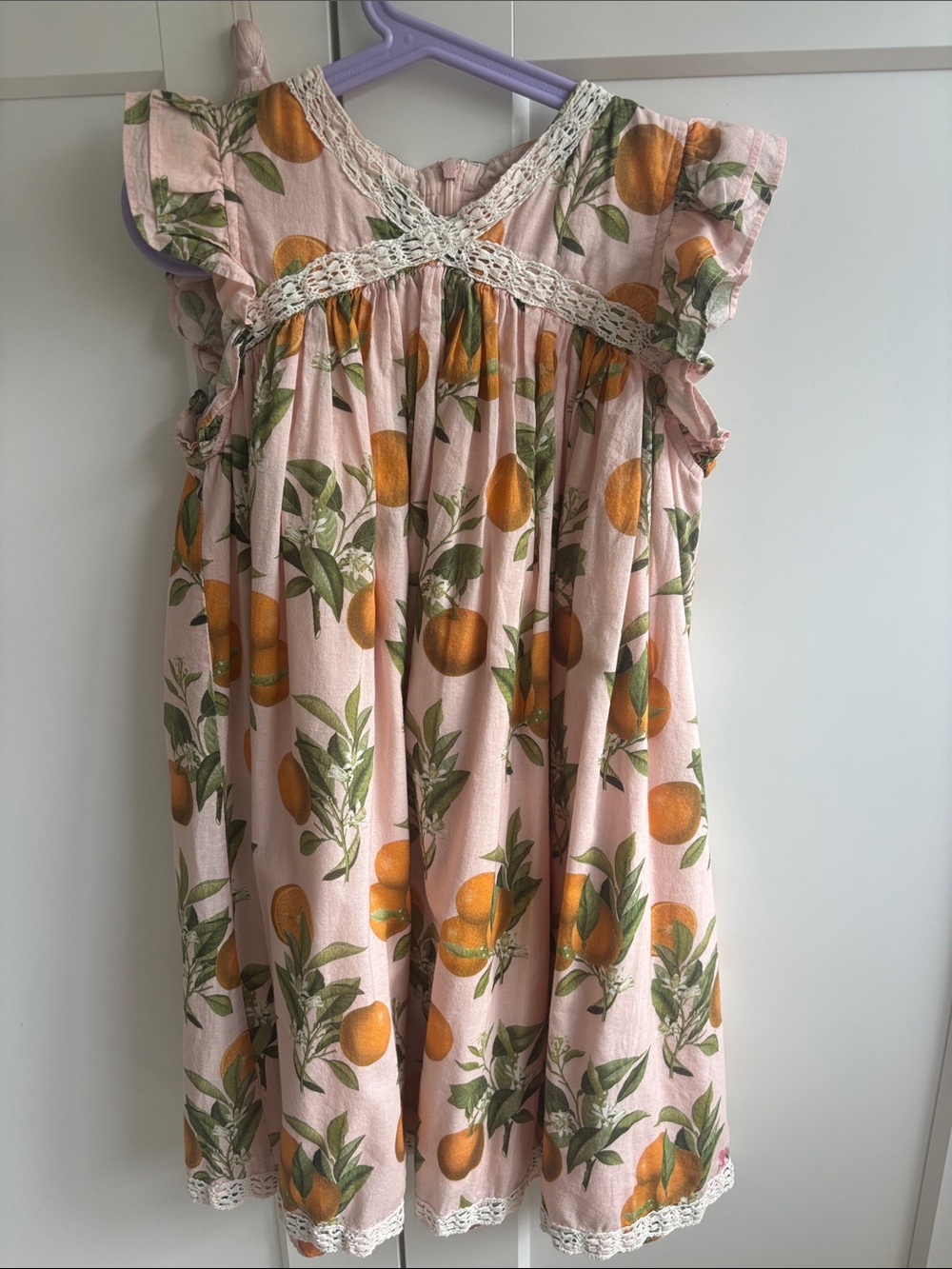 Pink Chicken Pink and Orange Fruit-Print Dress with Crochet Trim